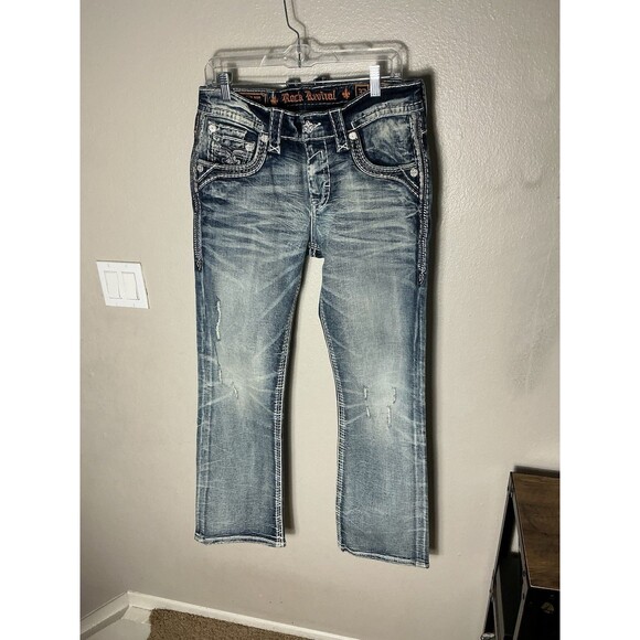 Rock Revival Jean Nash Men’s Size 32 Slim Boot Leg Blue Wash White Stitch - Picture 1 of 6